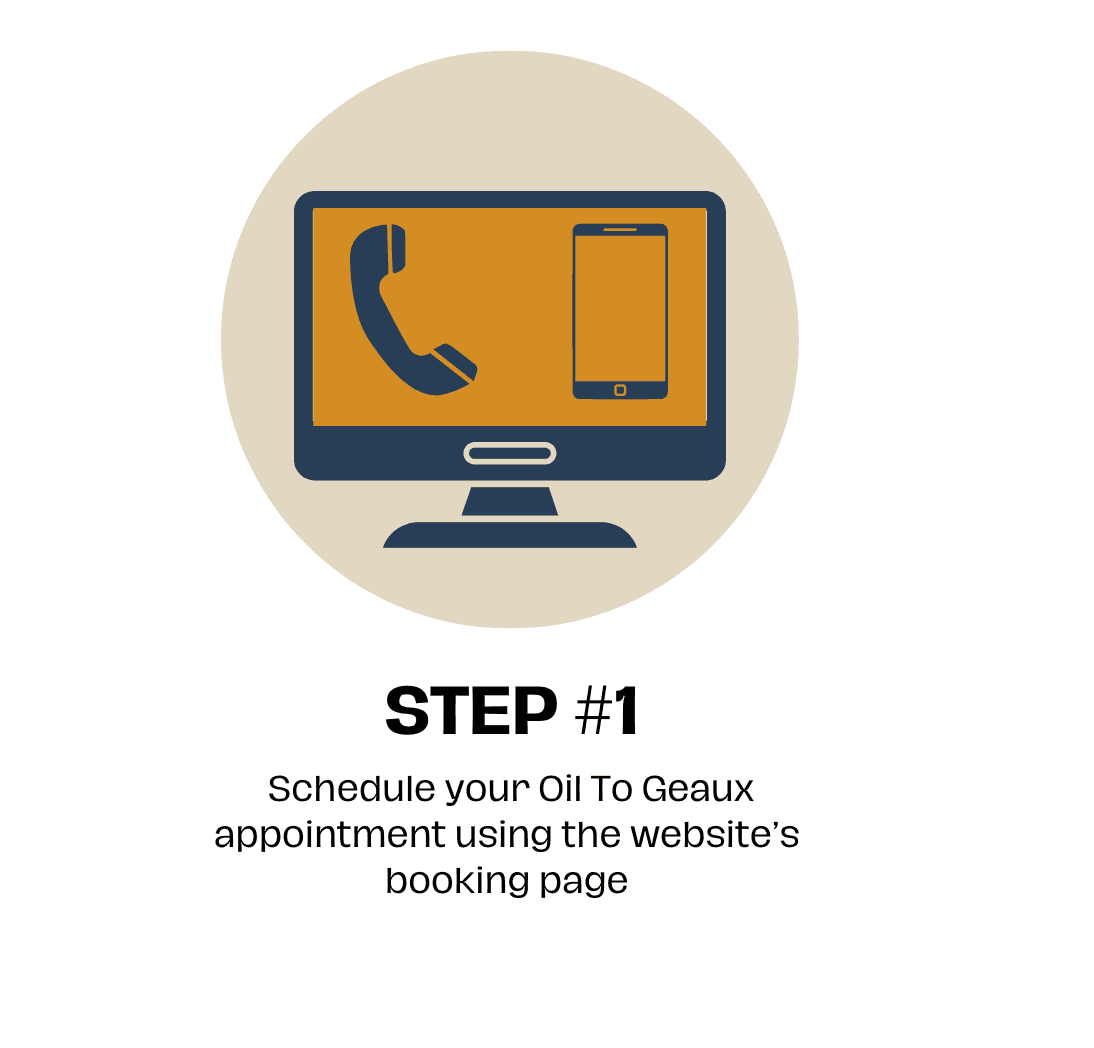 Step 1: Schedule Oil To Geaux appointment on website with phone and computer icons.